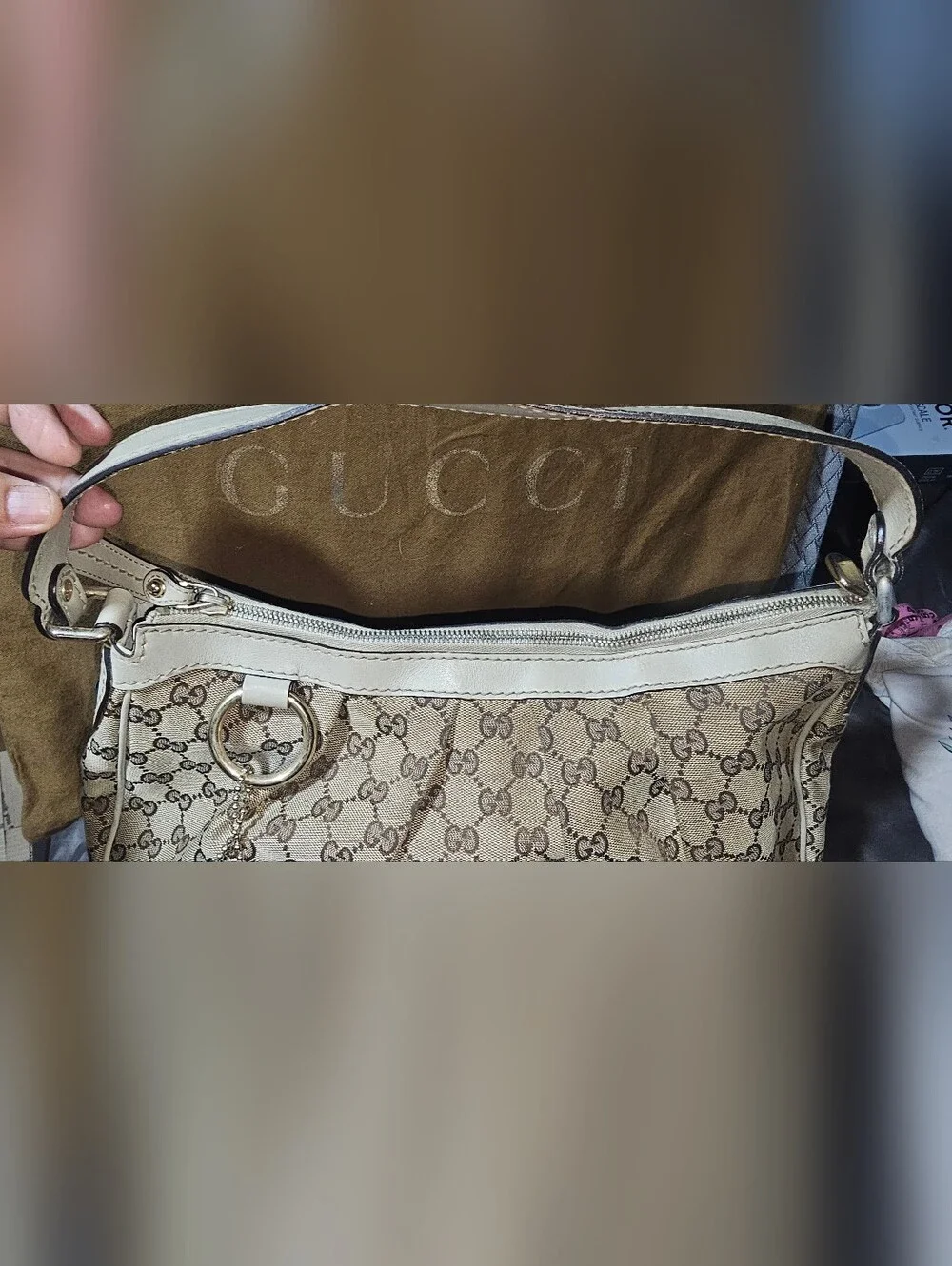 Authentic Gucci Beige Monogram Canvas Sukey Shoulder Bag with Ivory Trim Vintage